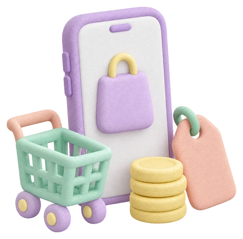 Смартфон с сумкой на экране, тележка, монеты и ценник