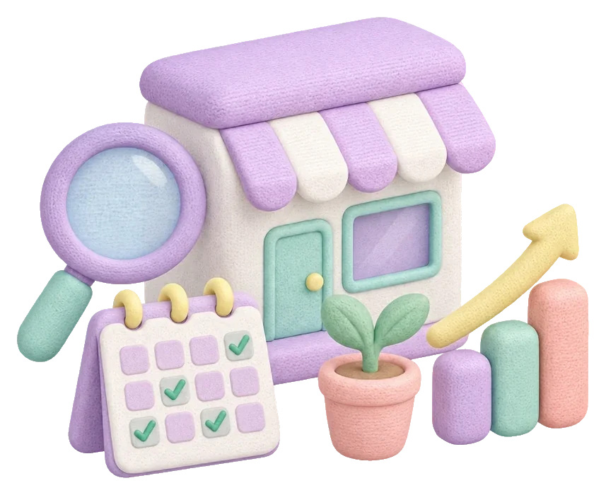 Магазин, лупа, календарь с отметками и растущий график